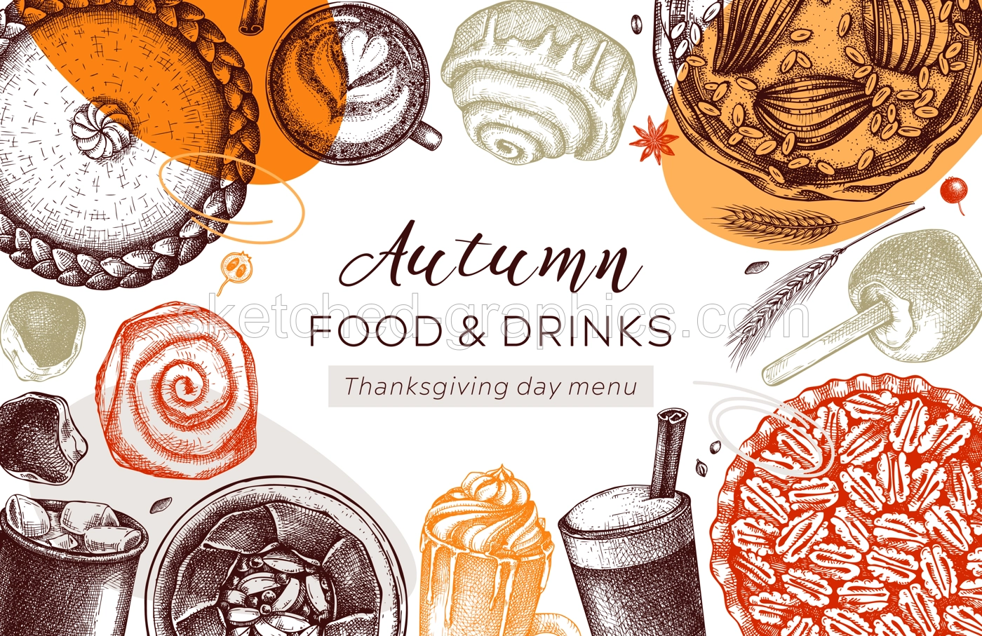 Autumn desserts banner in collage style. Thanksgiving dinner illustrations. Fall festival desserts, pies, cakes, drinks sketches. Sketched graphics fall food background. Thanksgiving table design Illustration